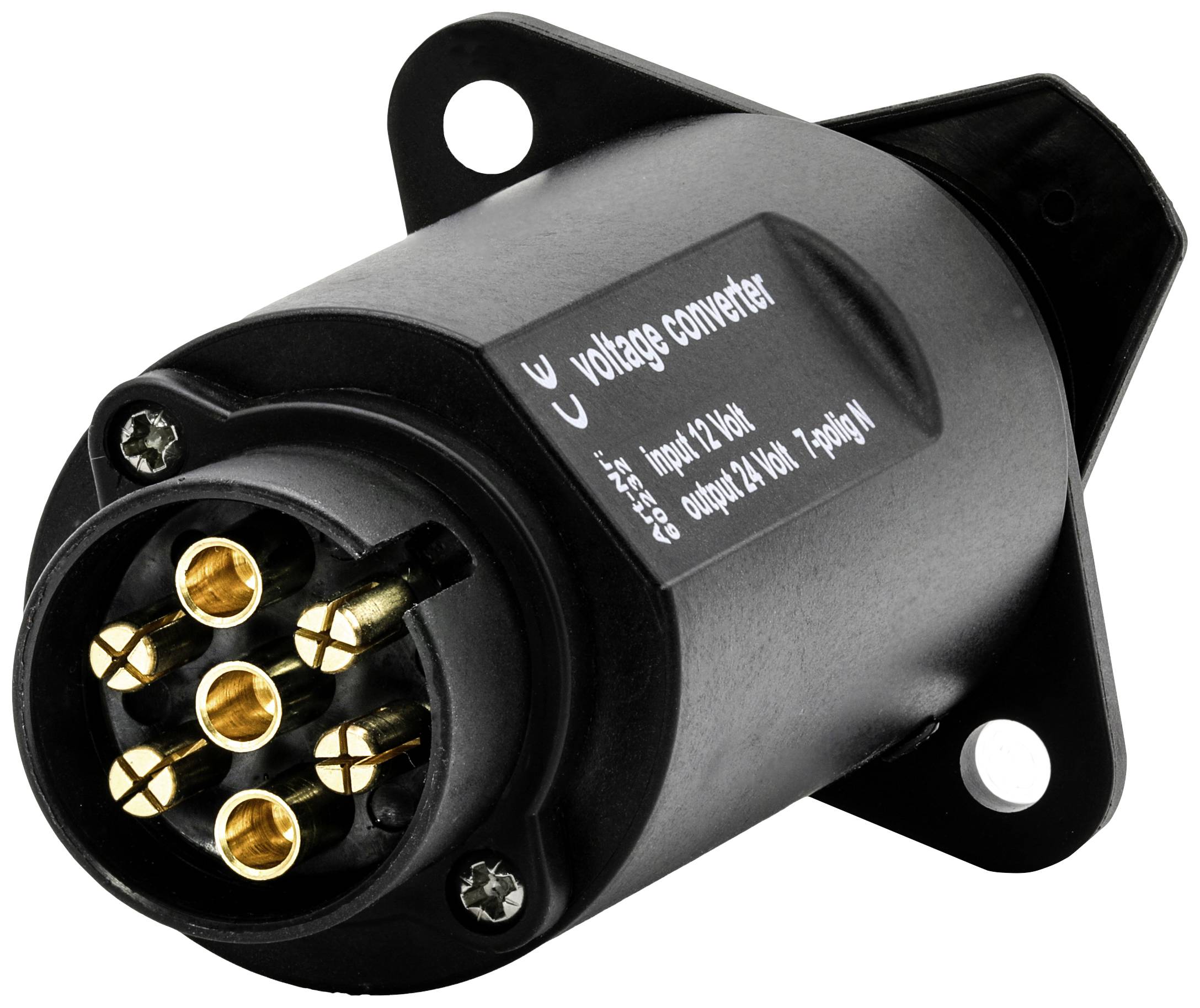 Černý měnič napětí se zlatými kontakty, označený štítkem 'Měnič napětí: Vstup 12V DC, Výstup 24V DC, 5 A'.