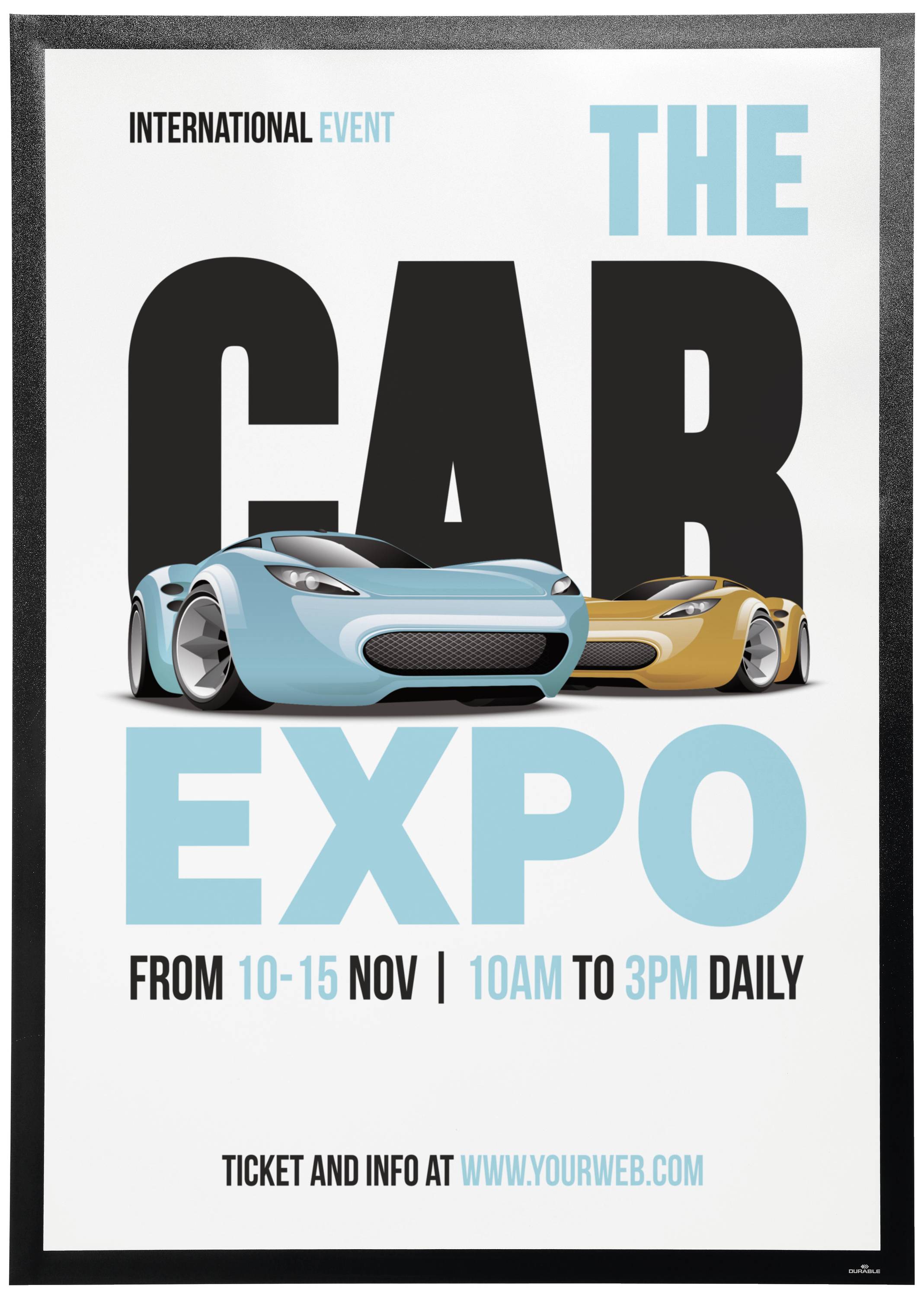 Plakát pro 'Car Expo' od 10. do 15. listopadu, denně od 10 do 15 hodin. Zobrazuje dva sportovní vozy. Další informace a vstupenky na www.yourweb.com.