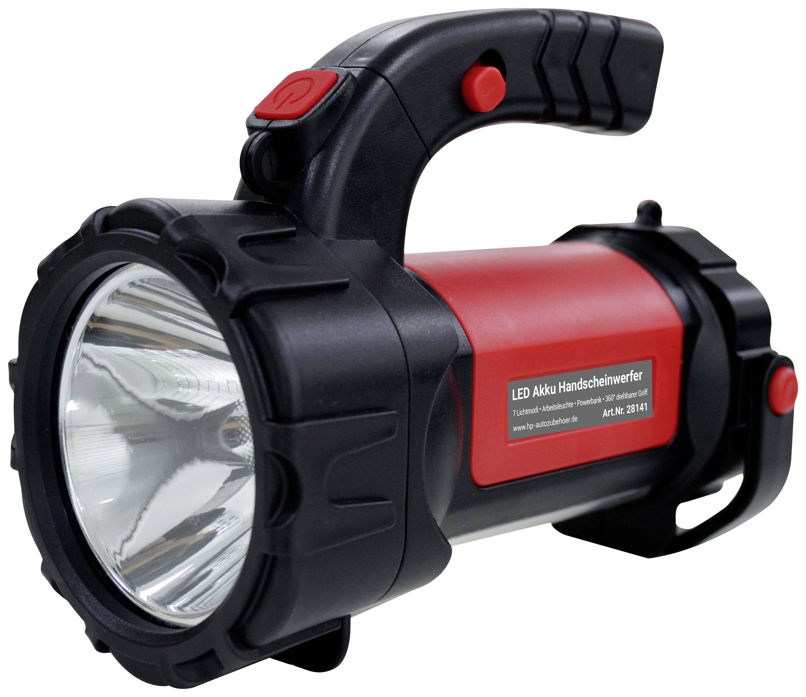 Přenosná červeno-černá svítilna s rukojetí a velkou LED čočkou, vhodná pro použití při výpadcích elektřiny nebo ve venkovním prostředí.