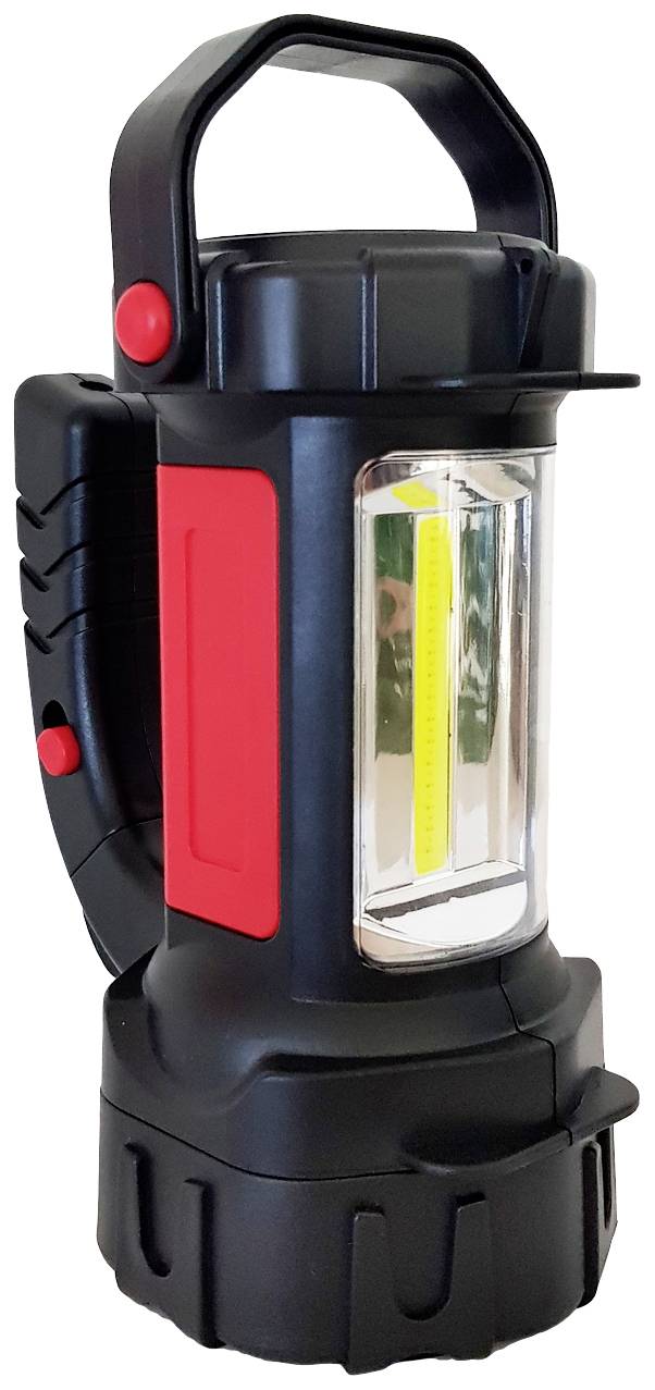 Černá a červená přenosná lampa s rukojetí, boční průhledové okénko ukazuje světelný zdroj. Vhodná pro venkovní použití nebo nouzové osvětlení.