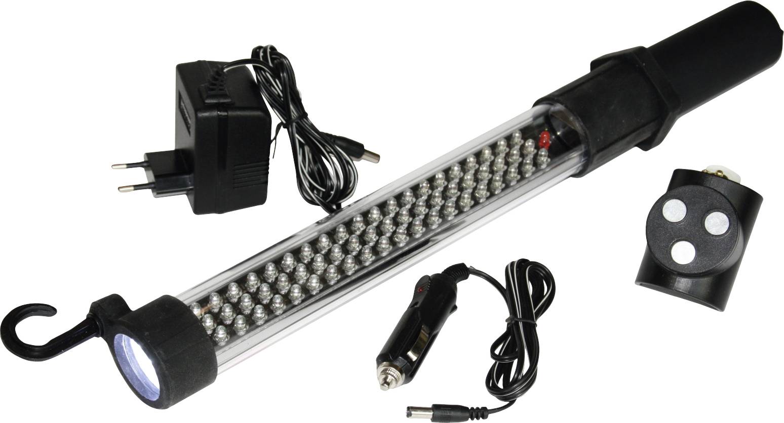 LED pracovní svítidlo s síťovým adaptérem a nabíječkou do auta. Vhodné pro použití v dílně nebo domácnosti. Obsahuje háček pro zavěšení.
