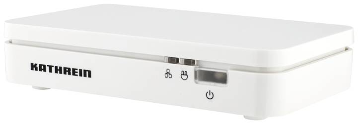 Bílé elektronické zařízení s nápisem 'Kathrein', třemi symboly a síťovým vypínačem na přední straně.
