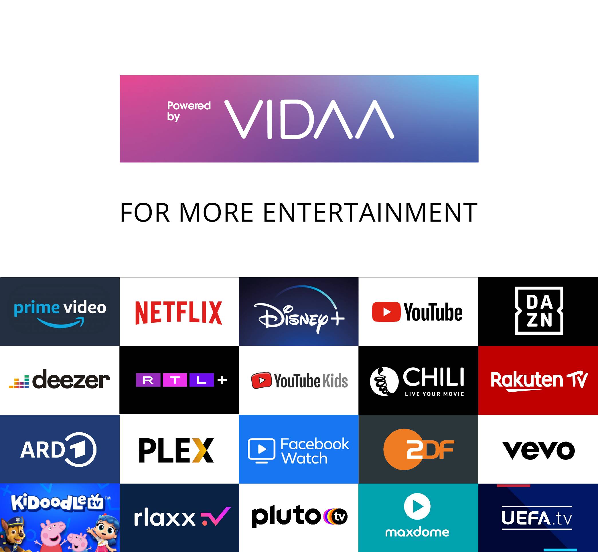'Poháněno VIDAA: Více zábavy'. Zobrazeny loga streamovacích služeb jako Prime Video, Netflix, Disney+, YouTube a dalších.