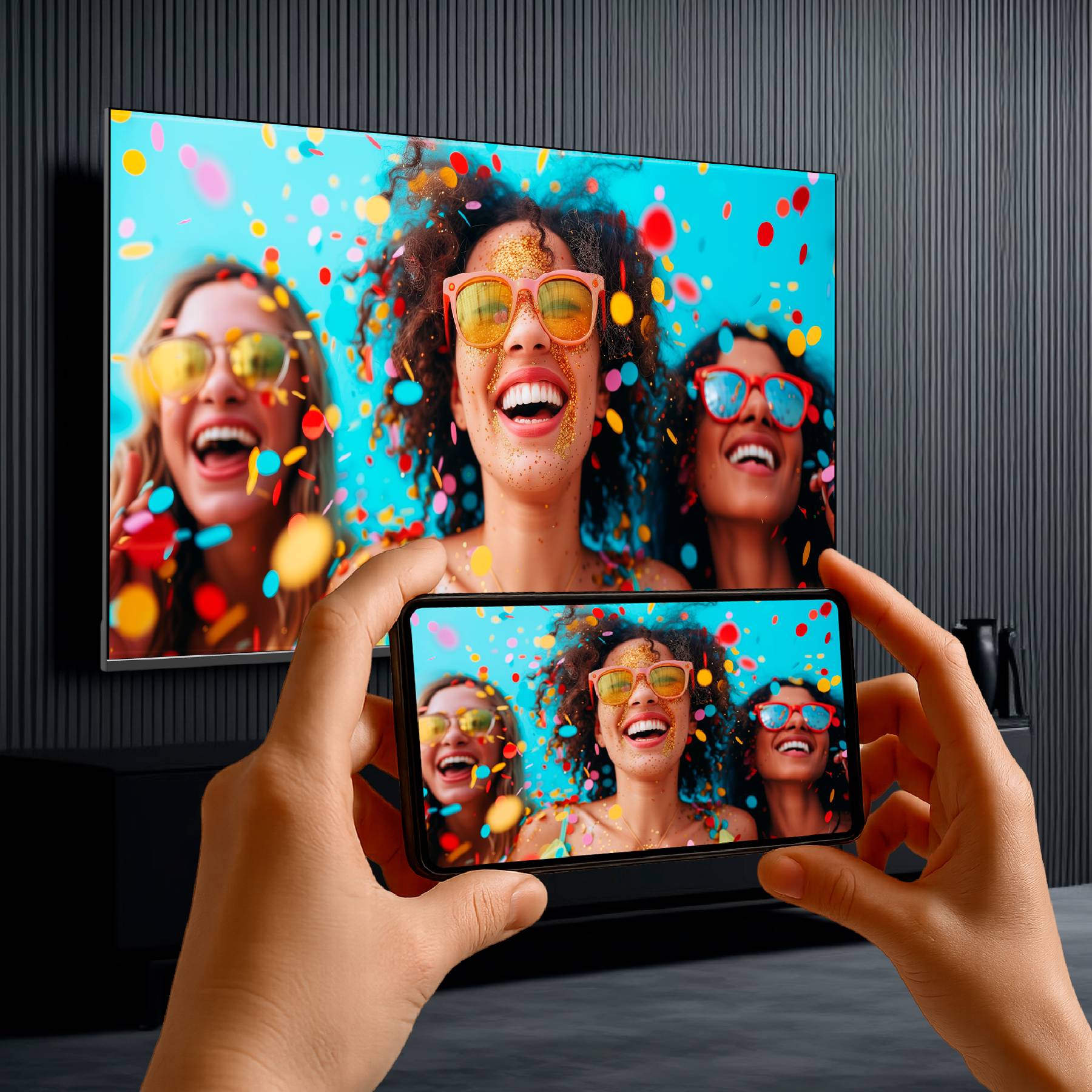 Smartphone držený v rukou zobrazuje barevný obrázek tří veselých lidí s konfetami, který se zrcadlí na velkoplošné TV obrazovce v pozadí.