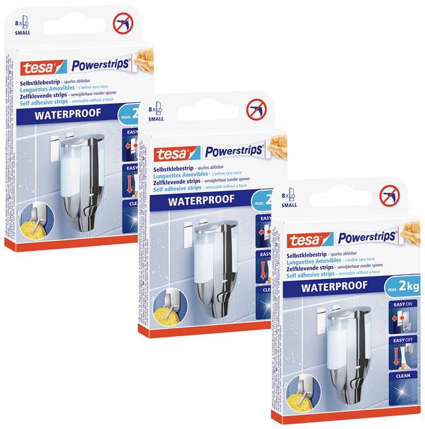 tesa  Pásky TESA Powerstrips® Waterproof LARGE v 3dílné balení vodotěsné, oboustranné lepící pásce pro kuchyni, až 2 kg přídržná síla - 3 x 8 pásů  bílá Množství: 24 ks