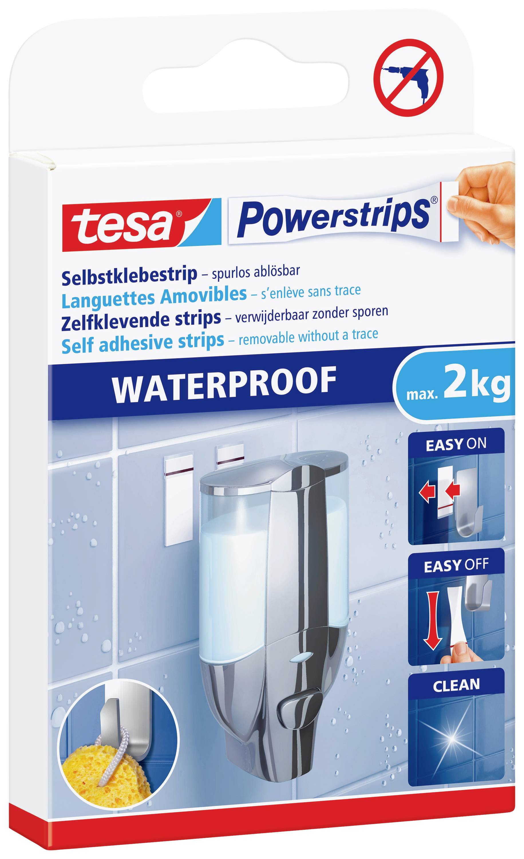Balení 'tesa Powerstrips Waterproof', samolepicí pásky pro upevnění až 2 kg, voděodolné, snadno aplikovatelné a odstranitelné.
