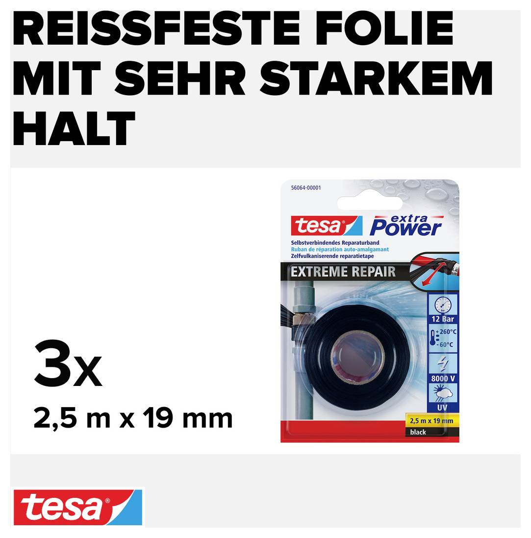 „EXTRÉMNĚ ODOLNÁ FÓLIE S VELMI SILNOU PŘILNAVOSTÍ" zobrazuje obal od Tesy 'extra Power Extreme Repair', 3 role, 2,5 m x 19 mm.