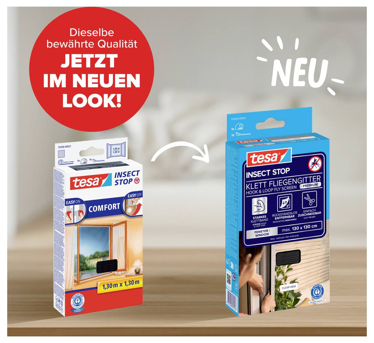 Přebalení produktu Tesa insect stop je zobrazeno se starým boxem vlevo měnícím se na nový modrý box vpravo, označený 'NEU' a 'JETZT IM NEUEN LOOK!'