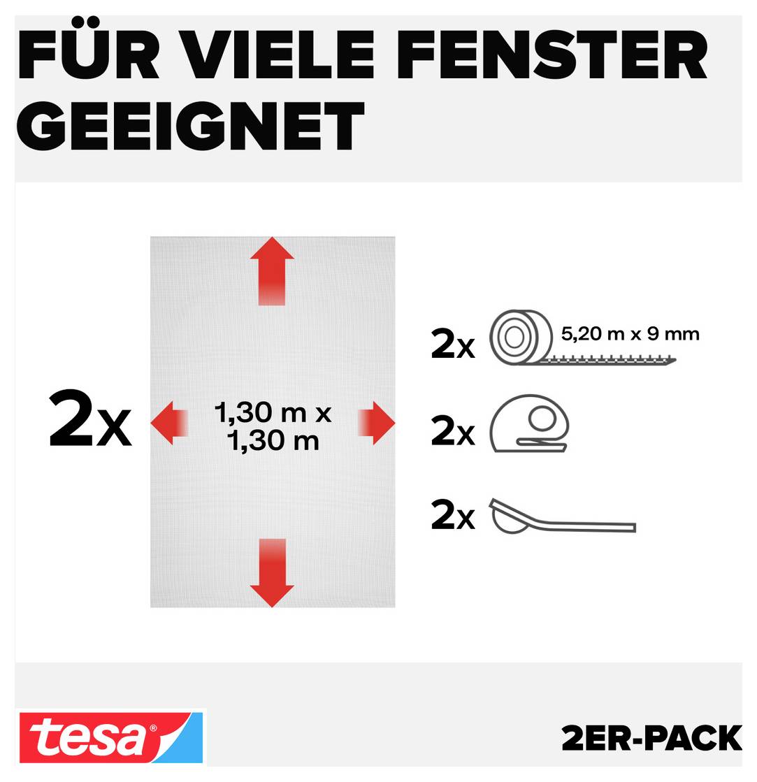 Balení řady Tesa Insect Stop pro síťky proti hmyzu a moskytiéry, zobrazující šest produktových krabic a symbol bez hmyzu.
