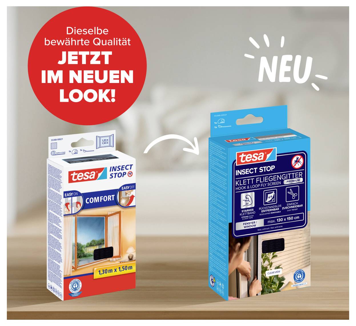 Reklama ukazující produkty tesa insect stop, se starým balením na levé straně a novým designem na pravé straně, zvýrazněná šipkami a „NEU".