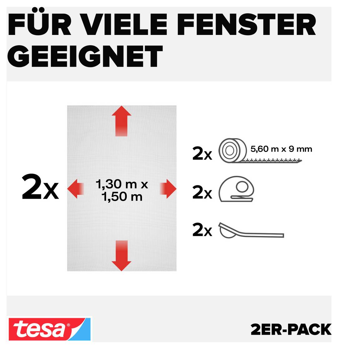 Německá produktová grafika zobrazující sadu okenního síta na hmyz pro více oken: 2 panely o rozměrech 1,30 m x 1,50 m, plus 2 role, 2 upevňovací prvky a 2 montážní nástroje; tesa 2-pack.