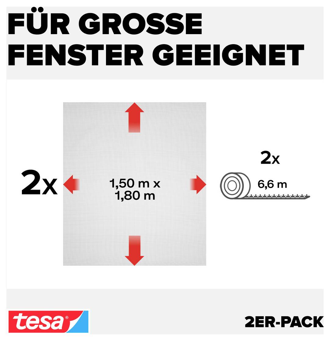 Balení s grafkou uvedenou 'VHODNÉ PRO VELKÁ OKNA' pro dvě velká okna: 2x 1,50 m x 1,80 m a 2x 6,6 m role, tesa 2-balení.