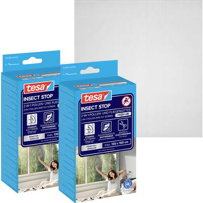Dva modré balíčky síťky tesa Insect Stop na okna pro ochranu před pylem a mouchy, zobrazené na neutrálním pozadí.