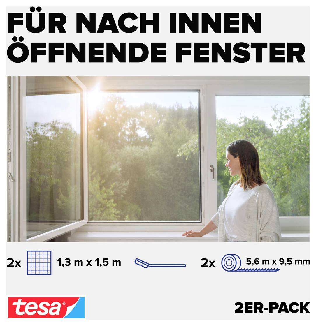 Reklama na "OKNA S OTEVÍRÁNÍM DOVNITŘ" zobrazující ženu u otevřeného okna s otevíráním dovnitř, s balením tesa 2ER-PACK a uvedenými velikostmi produktu.