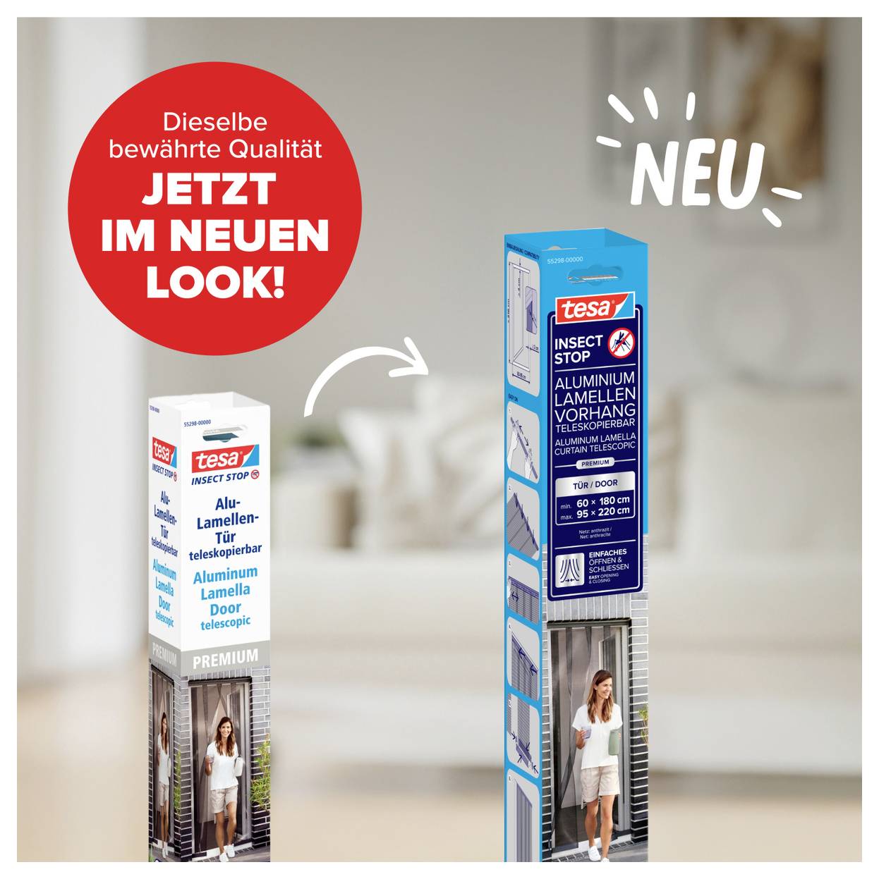 Porovnání balení závěsu proti hmyzu tesa Insect Stop, které ukazuje nový vzhled vpravo a starý design vlevo s textem 'NEU' a 'JETZT IM NEUEN LOOK!'