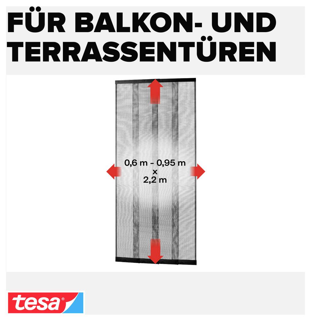 Síť na hmyz do dveří pro balkóny a terasy, zobrazena jako 0,6 m x 0,95 m x 2,2 m s červenými šipkami označujícími rozměry.