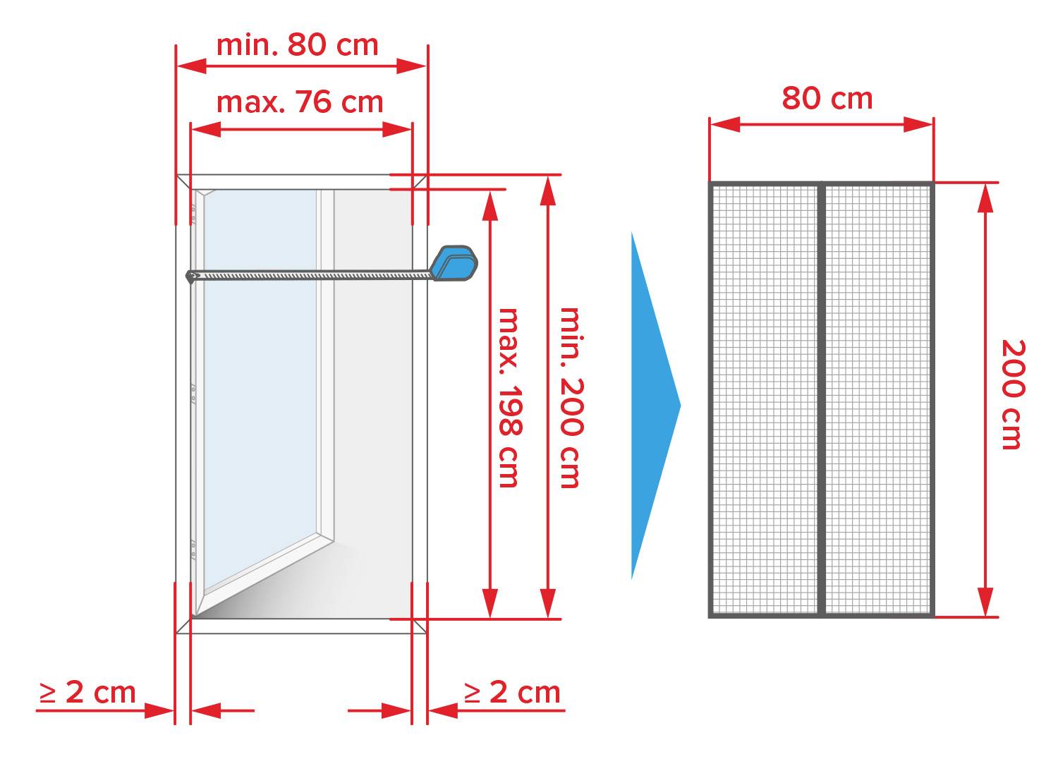 Ilustrace síťky proti hmyzu do oken. Levá strana ukazuje montážní návod s rozměry, pravá strana zobrazuje hotovou síťku (80x200 cm).
