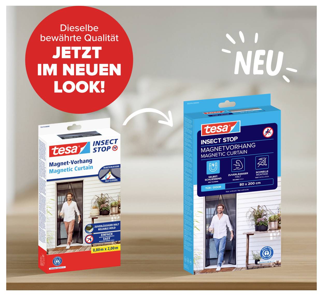 Vedle sebe balení tesa Insect Stop magnetické závěsy v starém a novém designu s 'NEU' a 'PRÁVĚ V NOVÉM STYLU!' podporujícím redesign.