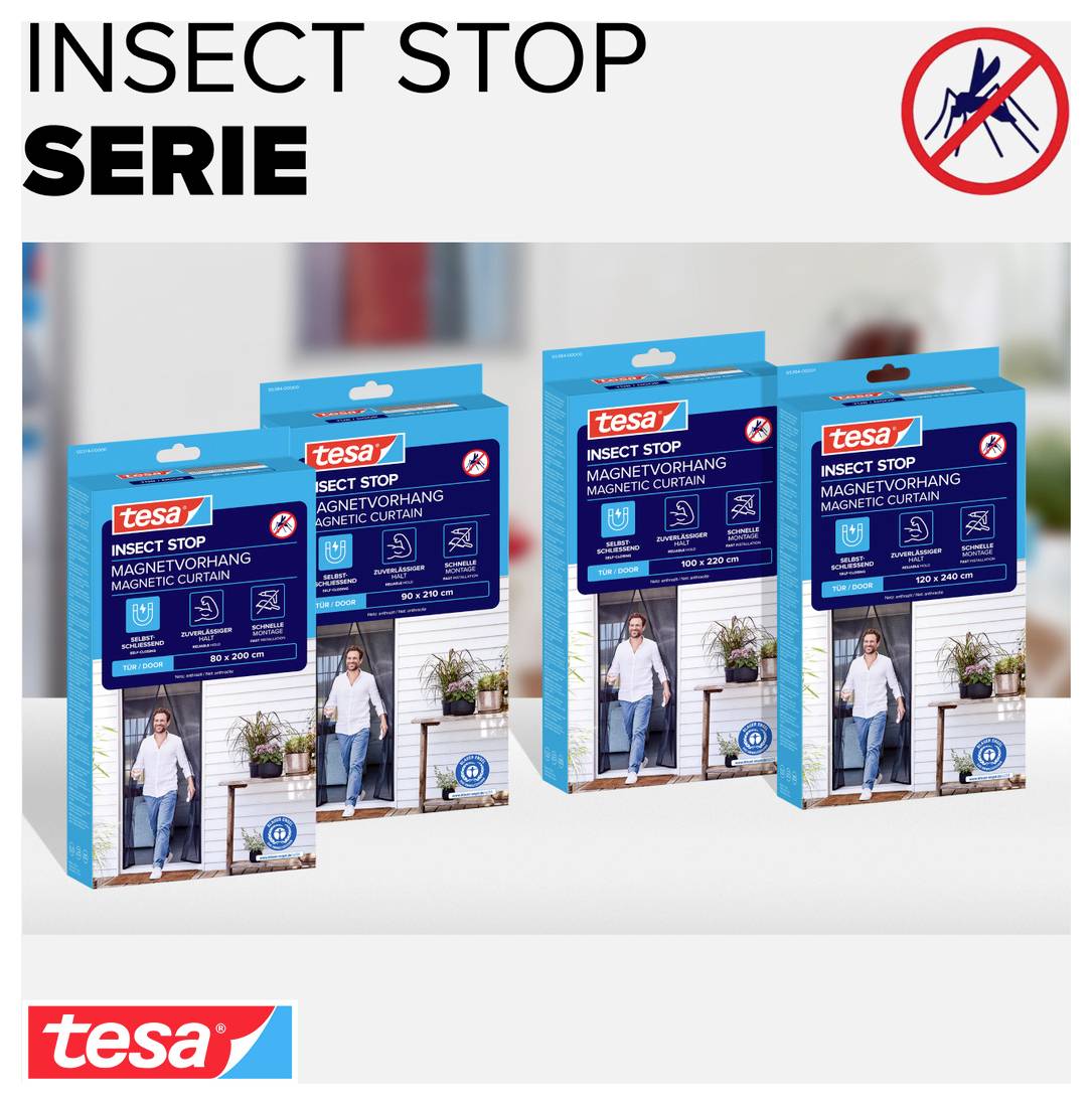 Produktové balení Tesa "Insect Stop" magnetická závěs zobrazené ve čtyřech velikostech krabic, se symbolem bez komárů a logem tesa.