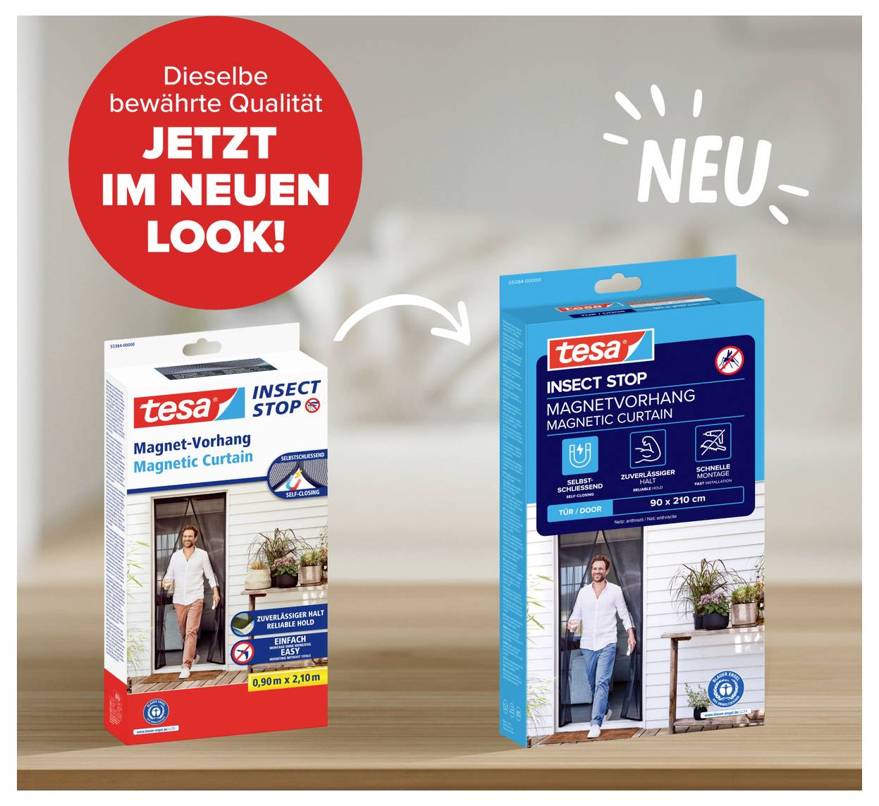 tesa magnetická závěs balení zobrazená v starém a novém designu, označená „NYNÍ V NOVÉM VZHLEDU!" a „NOVÉ", se šipkou ukazující na rebranding