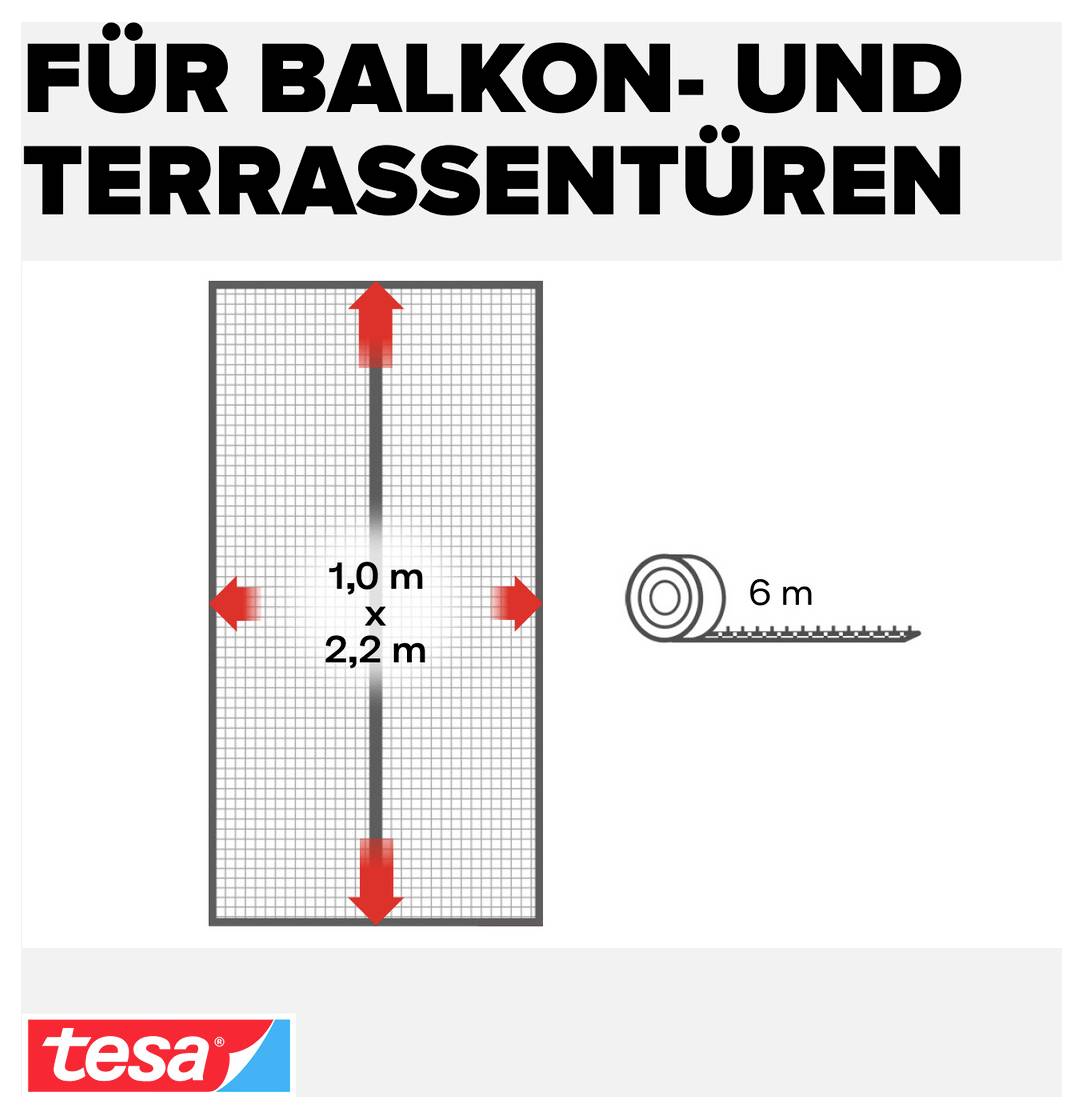 Diagram pro balkonové a terasové dveře zobrazující 1,0 m x 2,2 m síť nebo clonu, s délkou役 6 m na roli; značka tesa.