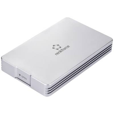 Externí pevný disk ve stříbrné barvě, značky 'renkforce', s posuvníkem a nápisem 'OPEN' na straně.