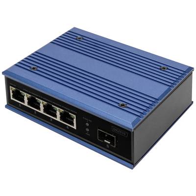 Modrý síťový switch se čtyřmi ethernetovými porty a jednou optickou zásuvkou na přední straně, logo výrobce na boku.