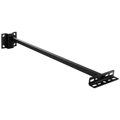 Černý kovový nosník s obdélníkovými montážními deskami na obou koncích, vhodný pro stabilní upevnění na stěny nebo jiné povrchy.