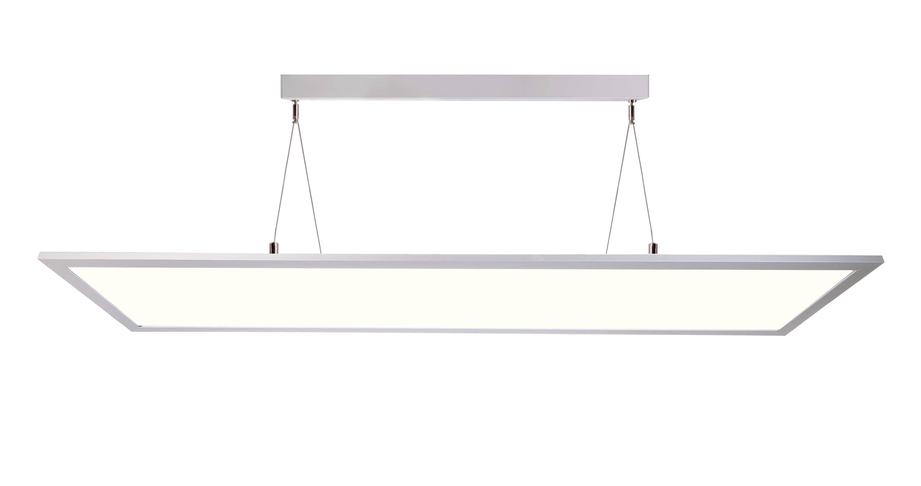 Obdélníková LED stropní svítidlo s minimalistickým designem, zavěšené na dvou tenkých kabelech a poskytující jasné, rovnoměrné osvětlení.
