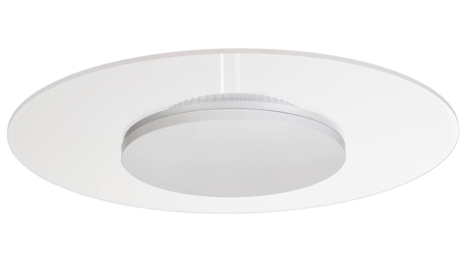 Kulatá, moderní stropní LED svítidlo s bílým tělem a plochým profilem, namontované na bílém stropě.