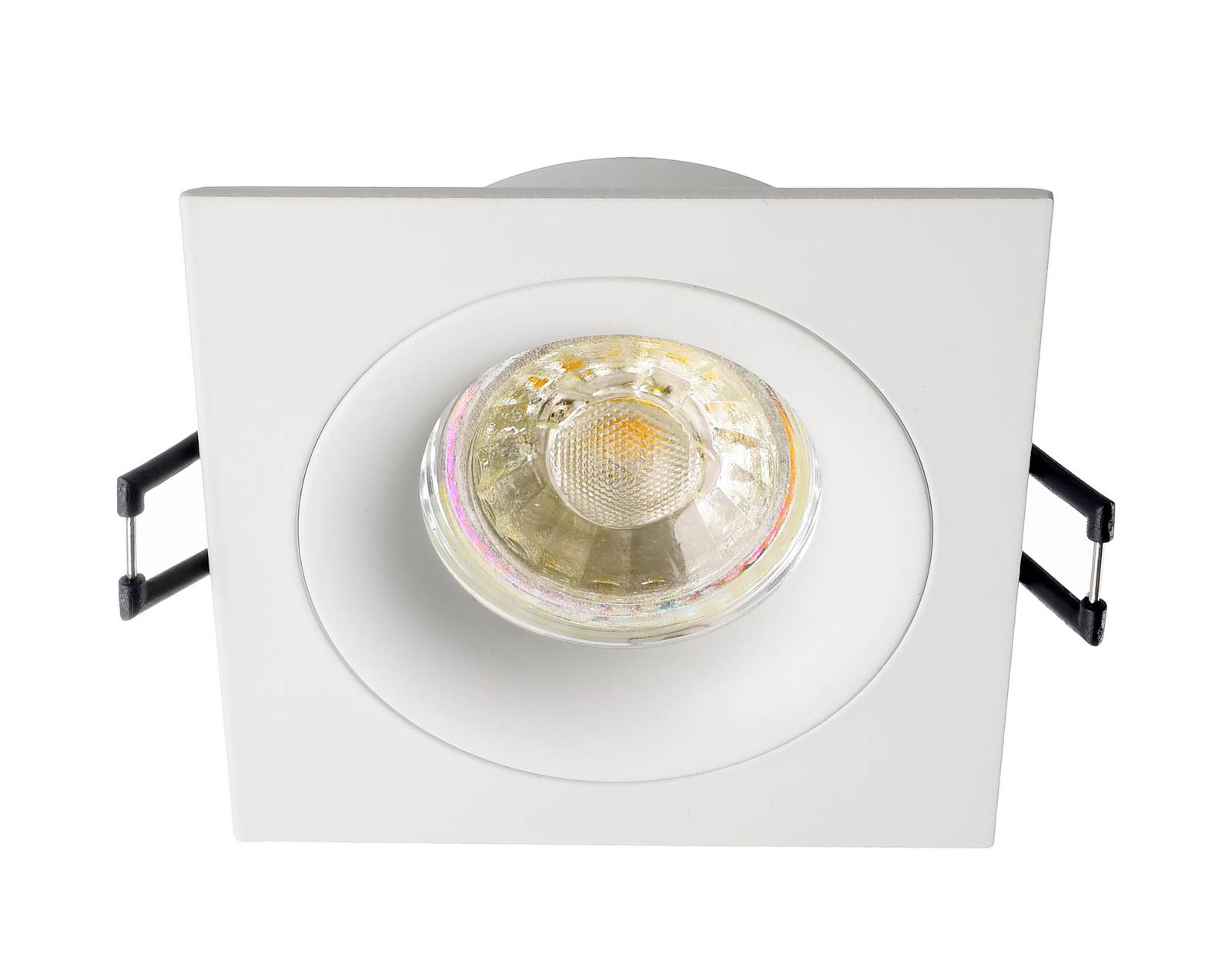 Čtvercový stropní LED reflektor v bílé barvě s kulatým, nastavitelným světelným zdrojem uprostřed.