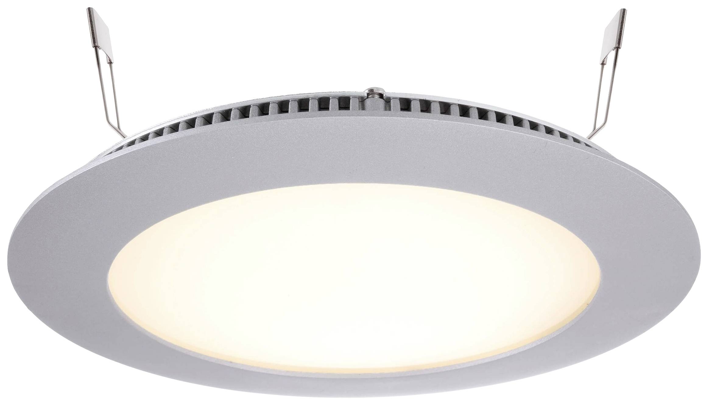 Kulaté, ploché stropní LED svítidlo v bílém provedení, vybavené dvěma kovovými sponami pro upevnění ke stropu. Energeticky úsporný design.