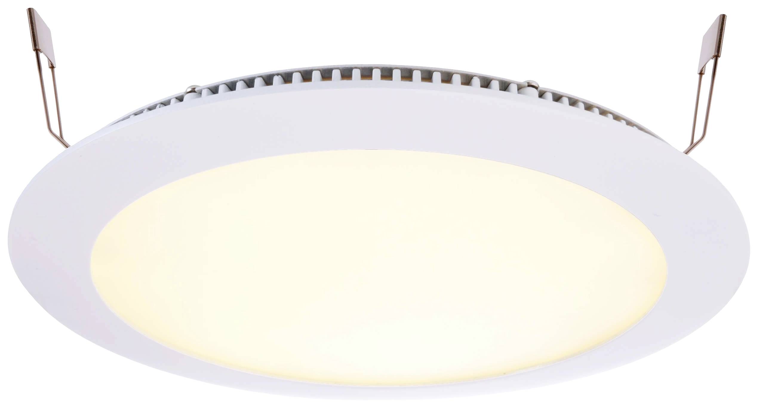 Kulaté bílé stropní LED svítidlo s teplým bílým světlem. Po stranách má dva upevňovací klipy.