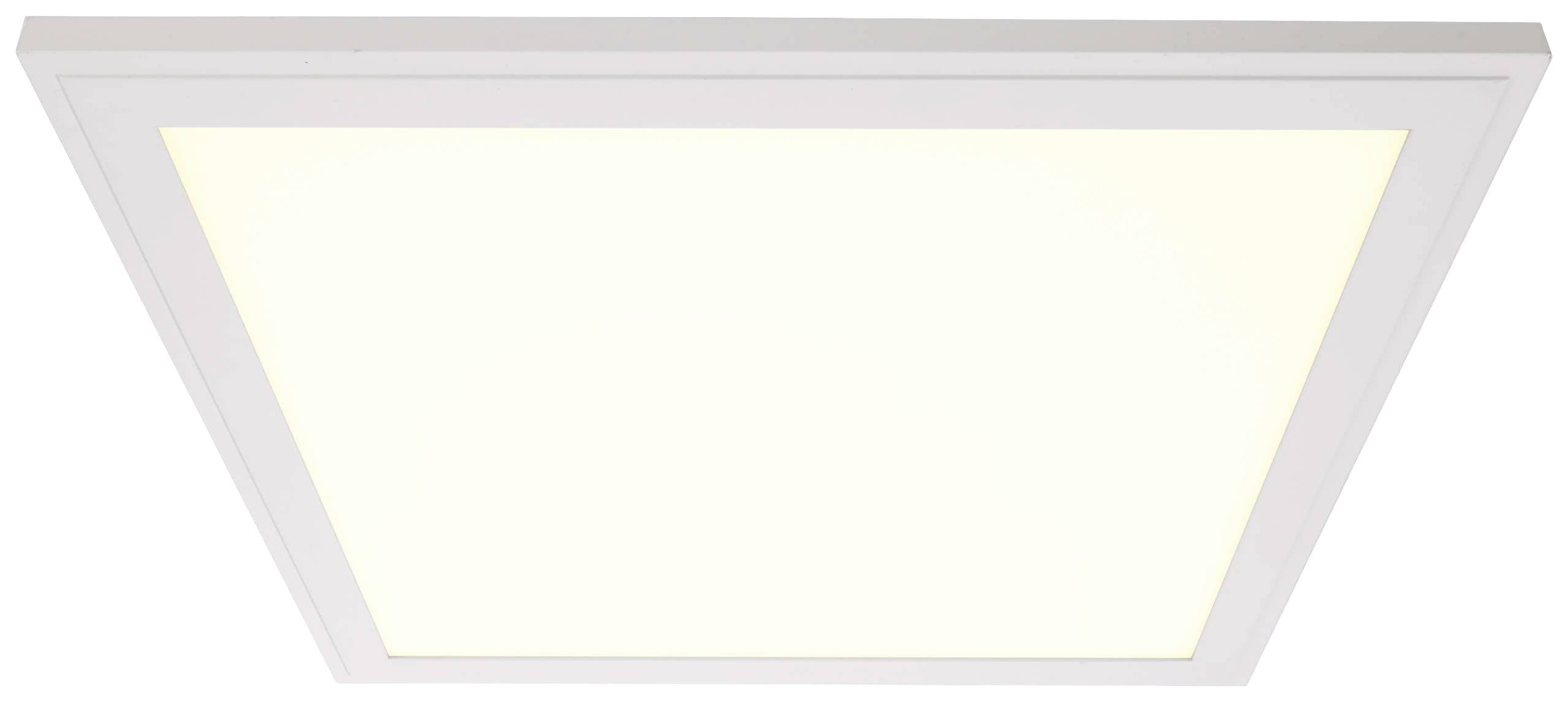 Čtvercový LED panel v bílé barvě, upevněný na stropě, svítí jasně a rovnoměrně.