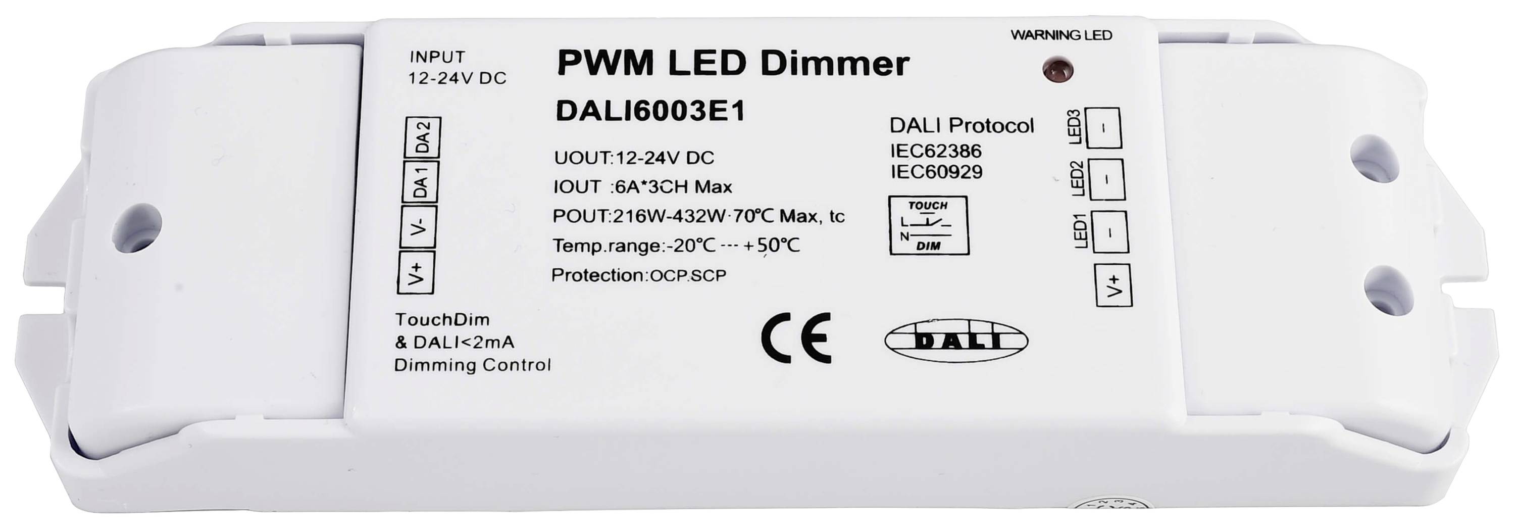 PWM LED stmívač DALI6003E1 s následujícími specifikacemi: Vstup 12-24V DC, výstup 12-24V DC, zátěž max. 5A*3CH, ochrana OCP/SCP.