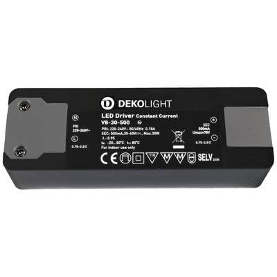 Černý obdélníkový kryt LED driveru s nápisem 'DEKOLIGHT', technickými specifikacemi a bezpečnostními symboly na horní straně.
