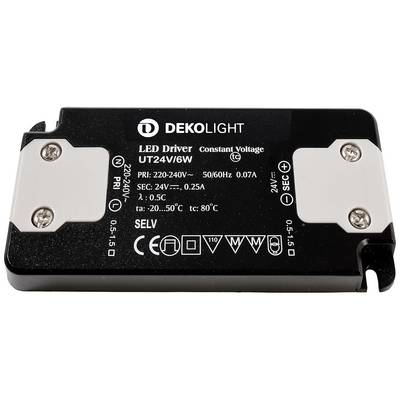 Obdélníkový LED driver od společnosti DEKOLIGHT, model UT24V/6W. Vstupní napětí: 220-240V, výstup: 24V, 0,25A.