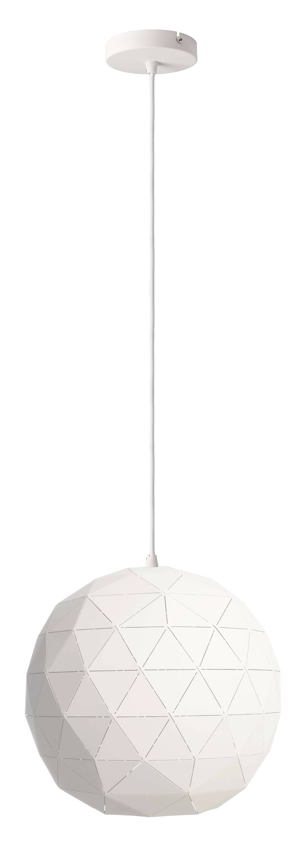 Bílá závěsná lampa s geometrickým vzorem, kulovitým stínidlem a tenkou závěsnou konzolí.