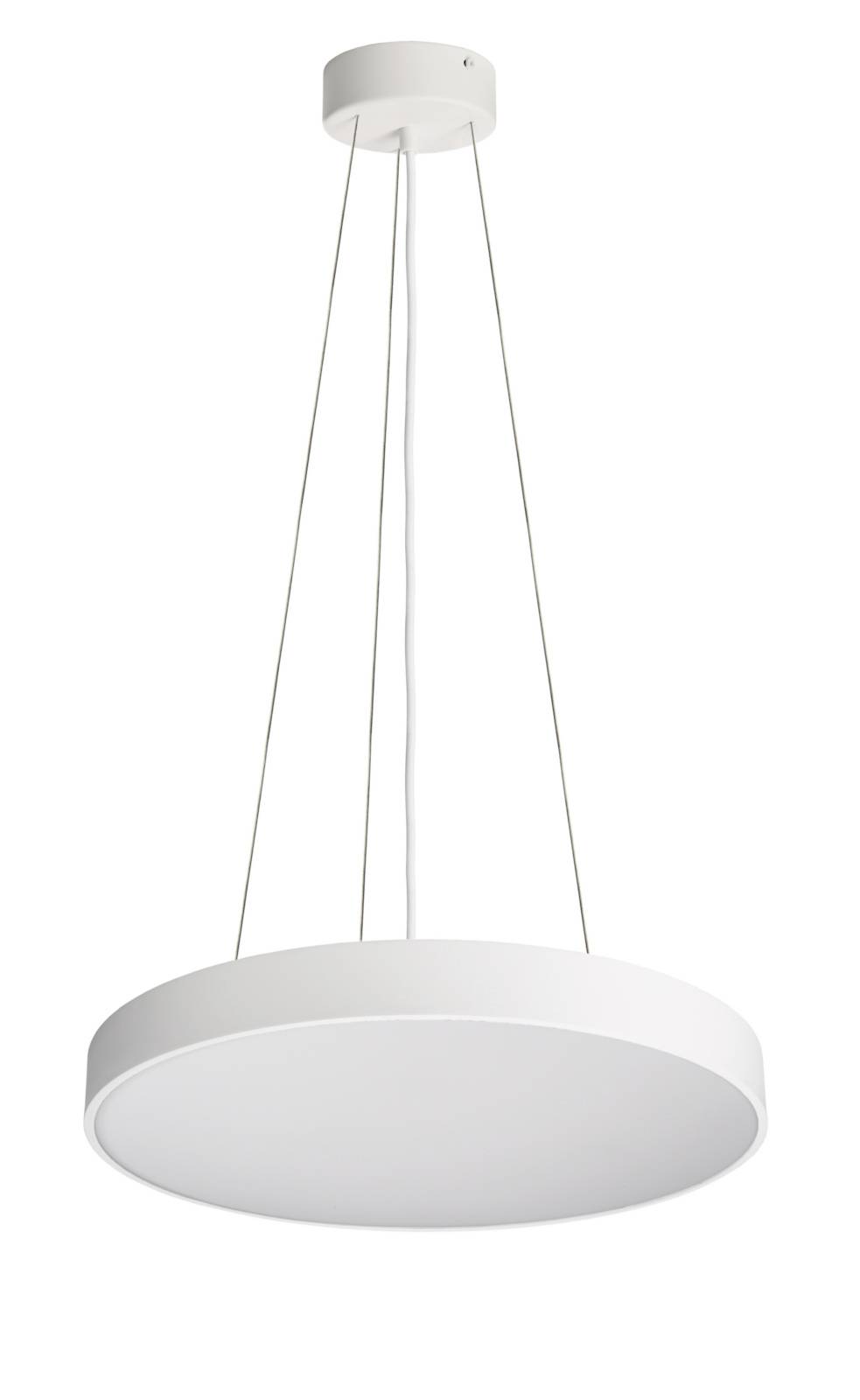 Moderní, kulaté stropní svítidlo v bílé barvě, zavěšené na tenkých lanech. Vyzařuje měkké, teplé světlo a má minimalistický design.
