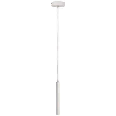 Moderní, válcovitá závěsná lampa z bílého kovu s elegantním designem. Zavěšení a stropní kryt jsou rovněž bílé.
