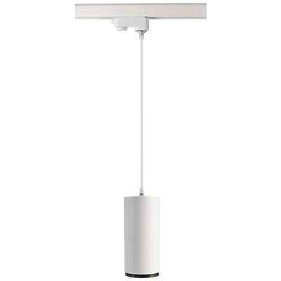 Závěsná lampa s válcovým bílým tělem, upevněná na kolejnici. Minimalistický design pro moderní interiéry.