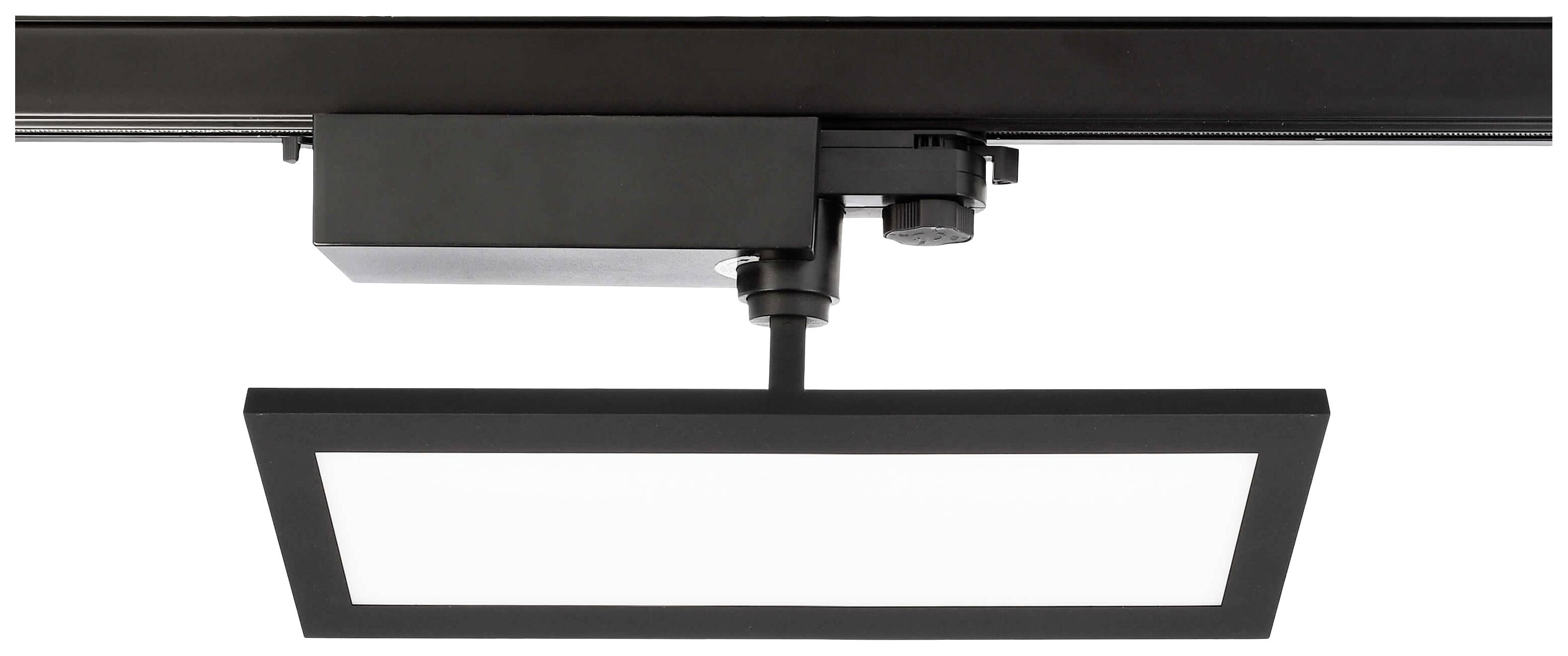 Černé pravoúhlé LED liniové osvětlení namontované na kolejnici, které svítí směrem dolů. Čistý, minimalistický styl.