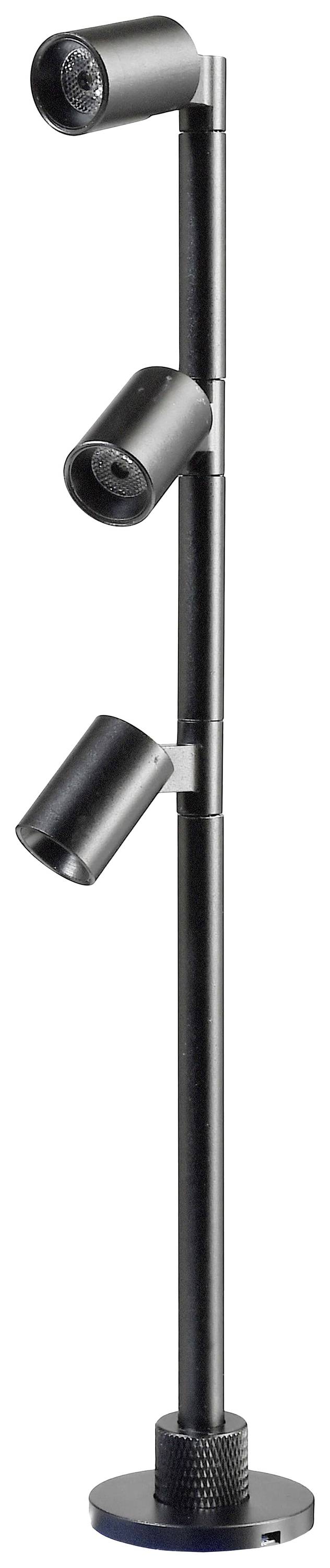 Černá stojací lampa se třemi nastavitelnými světelnými zdroji v uspořádání po vertikální ose. Ideální pro akcentní osvětlení v moderních prostorách.