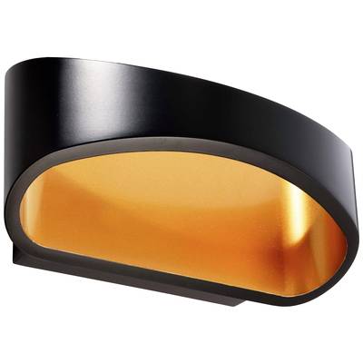 Černá, zakřivená nástěnná lampa s oranžovým vnitřkem. Moderní design, vhodný pro současné prostorové řešení.