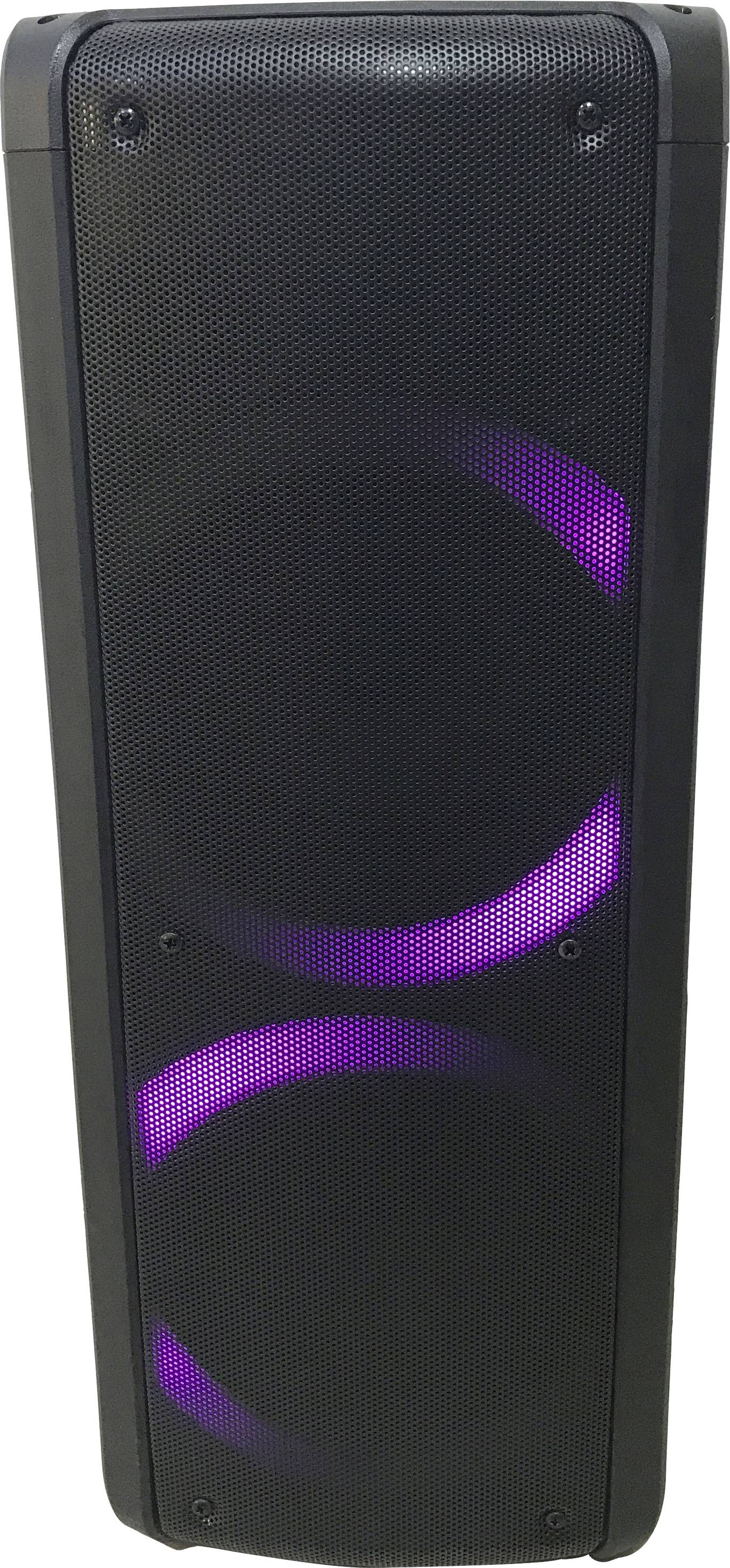 Černý reproduktor s fialovými LED světly na přední straně.