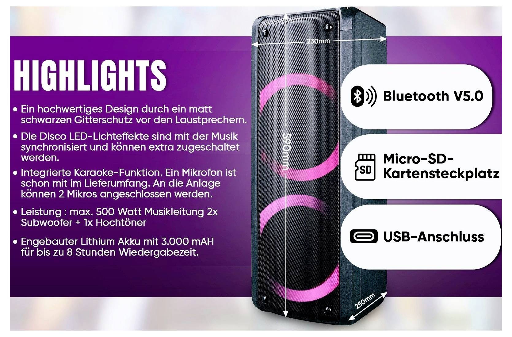 Reklamní grafika přenosného reproduktoru se zvýrazněními: Bluetooth 5.0, slot pro kartu Micro-SD a USB konektor; vlevo jsou uvedeny další vlastnosti produktu.