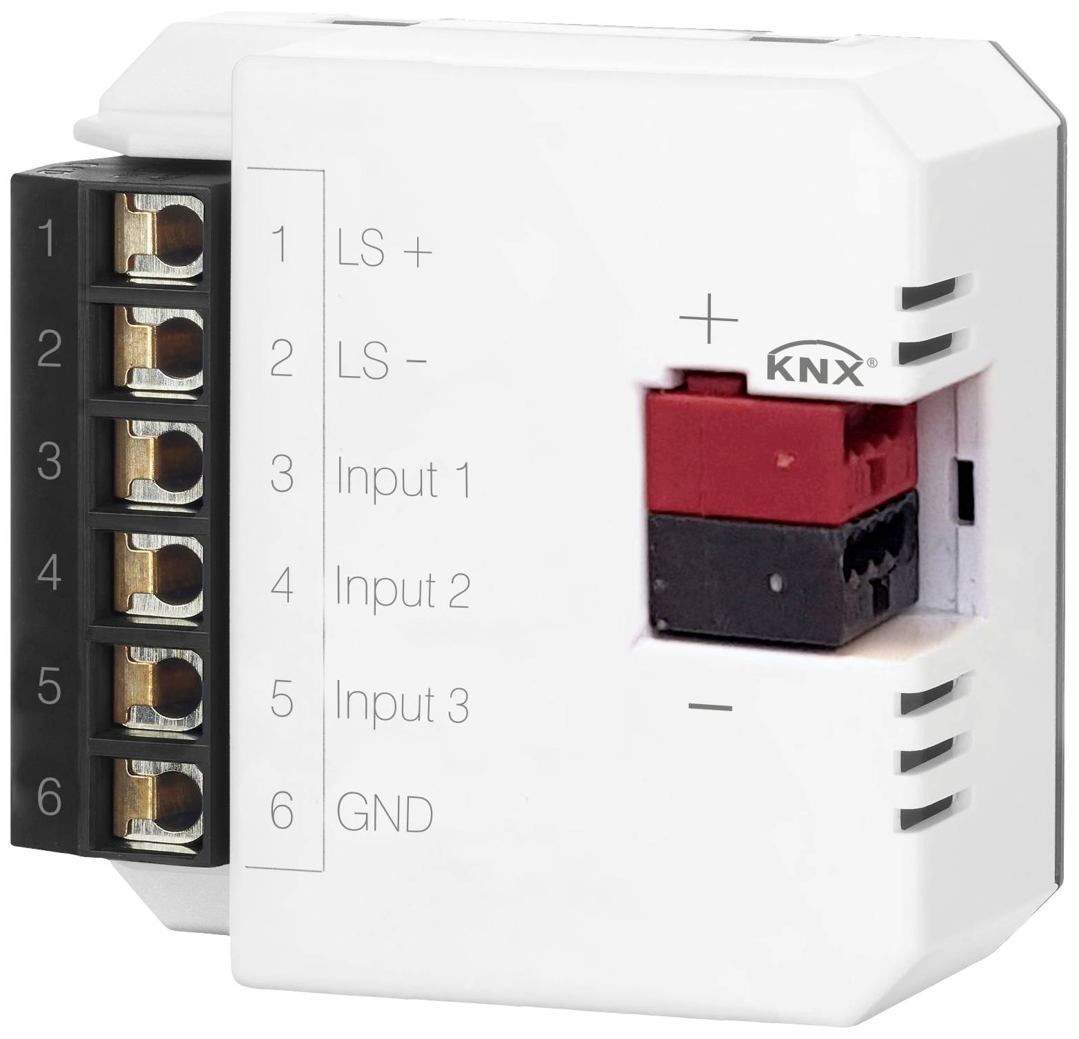 KNX sběrnicový spojovací člen s připojovacími svorkami a ovládacími prvky pro 'LS+', 'LS-', 'Vstup 1', 'Vstup 2', 'Vstup 3' a 'GND'.