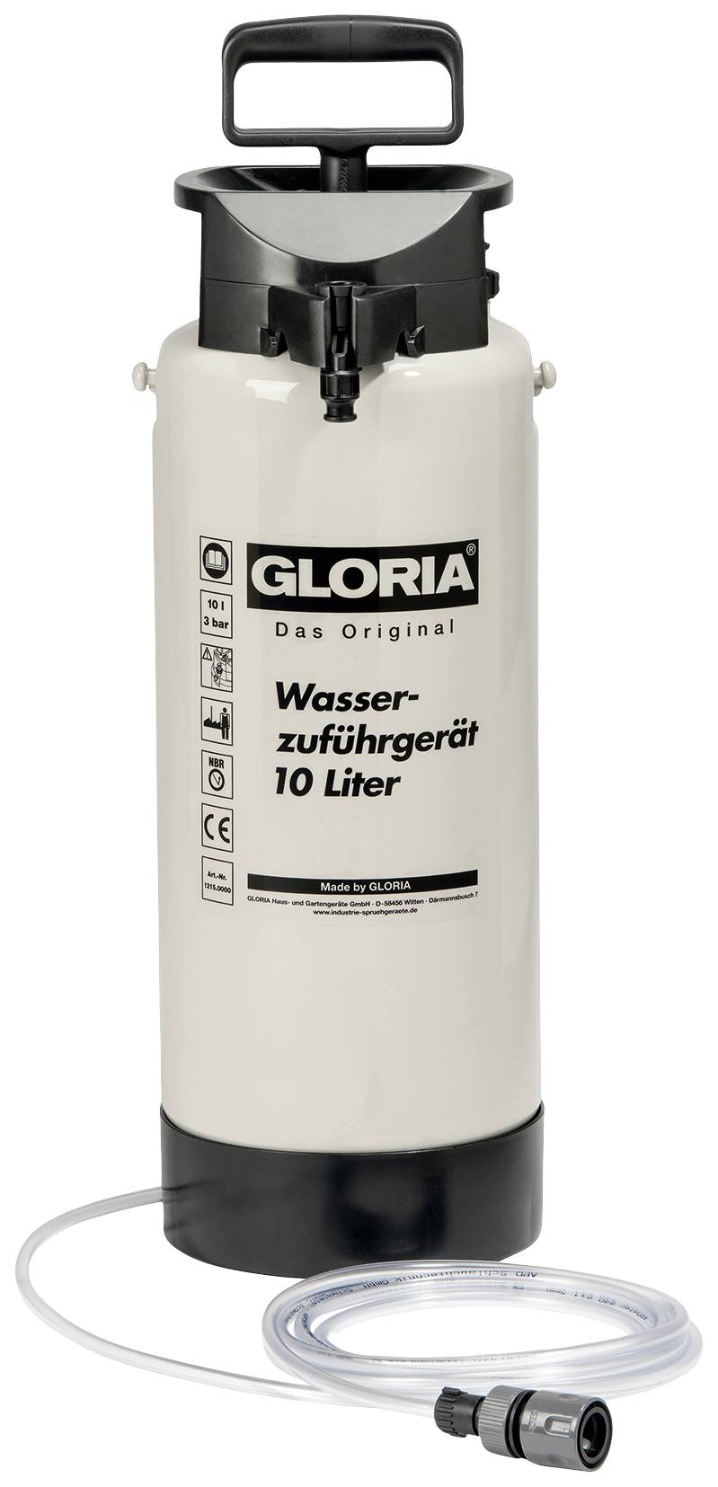 Bílý 10litrový přívod vody od značky Gloria s černou rukojetí a černými detaily, připojení pro hadici na základně.