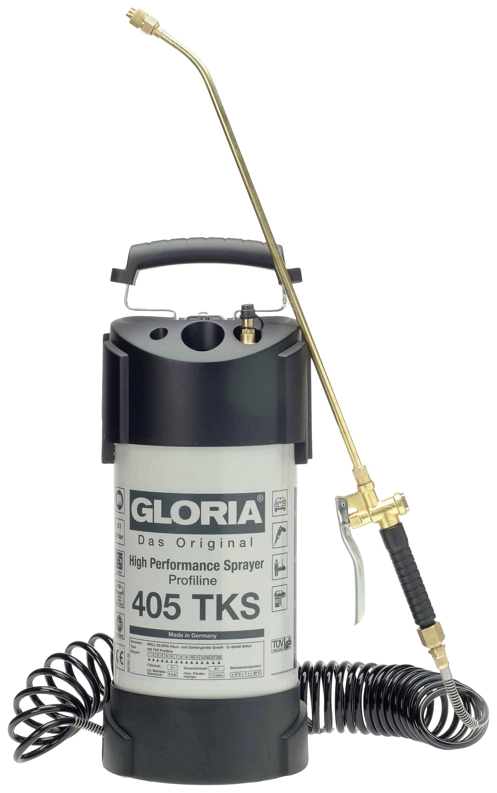 Vysokovýkonný postřikovač 'Gloria 405 TKS' s dlouhou postřikovací trubicí, spirálovým hadicovým vedením a nosnou rukojetí.