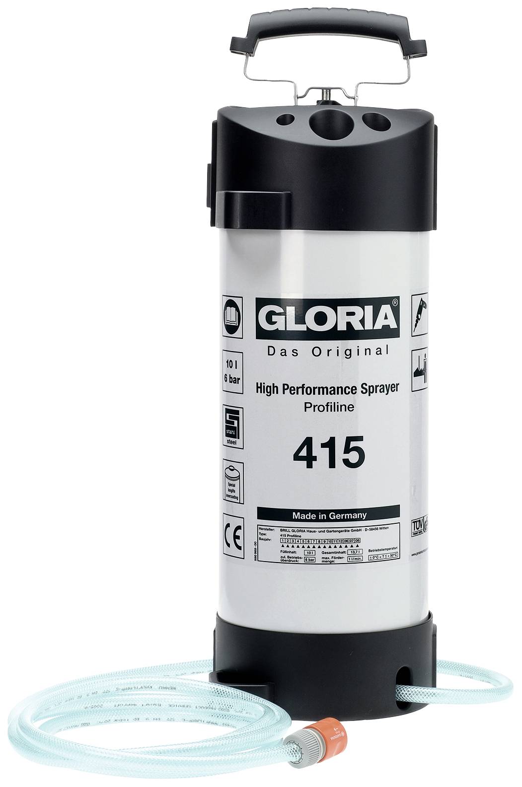Přenosný ruční postřikovač s tlakoměrem a hadicí, model 'Gloria 415', vhodný pro zahradnictví a profesionální použití.